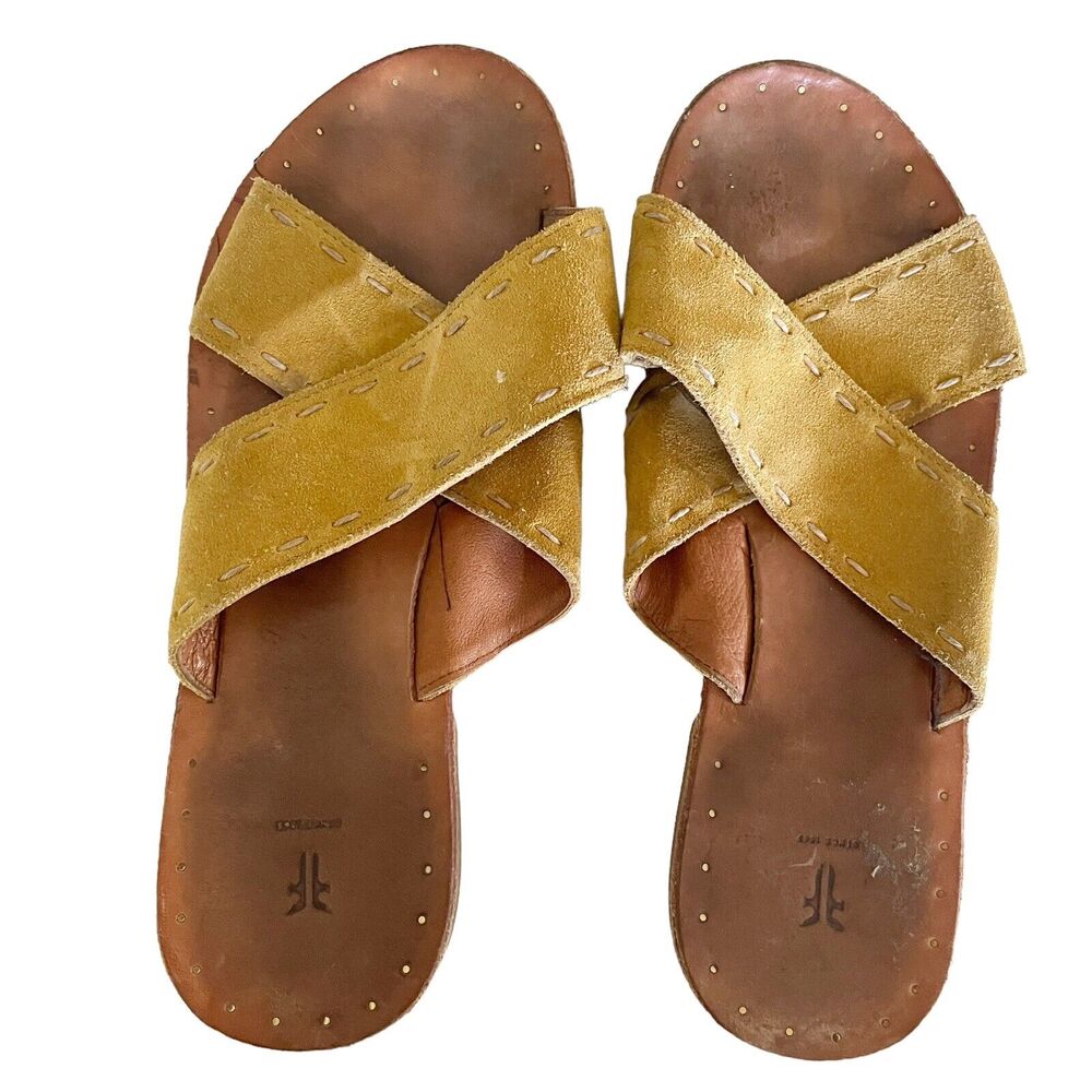 Frye Avery Pickstitch Size 9B Yellow Suede Leather Flat Slide Slip On Sandal